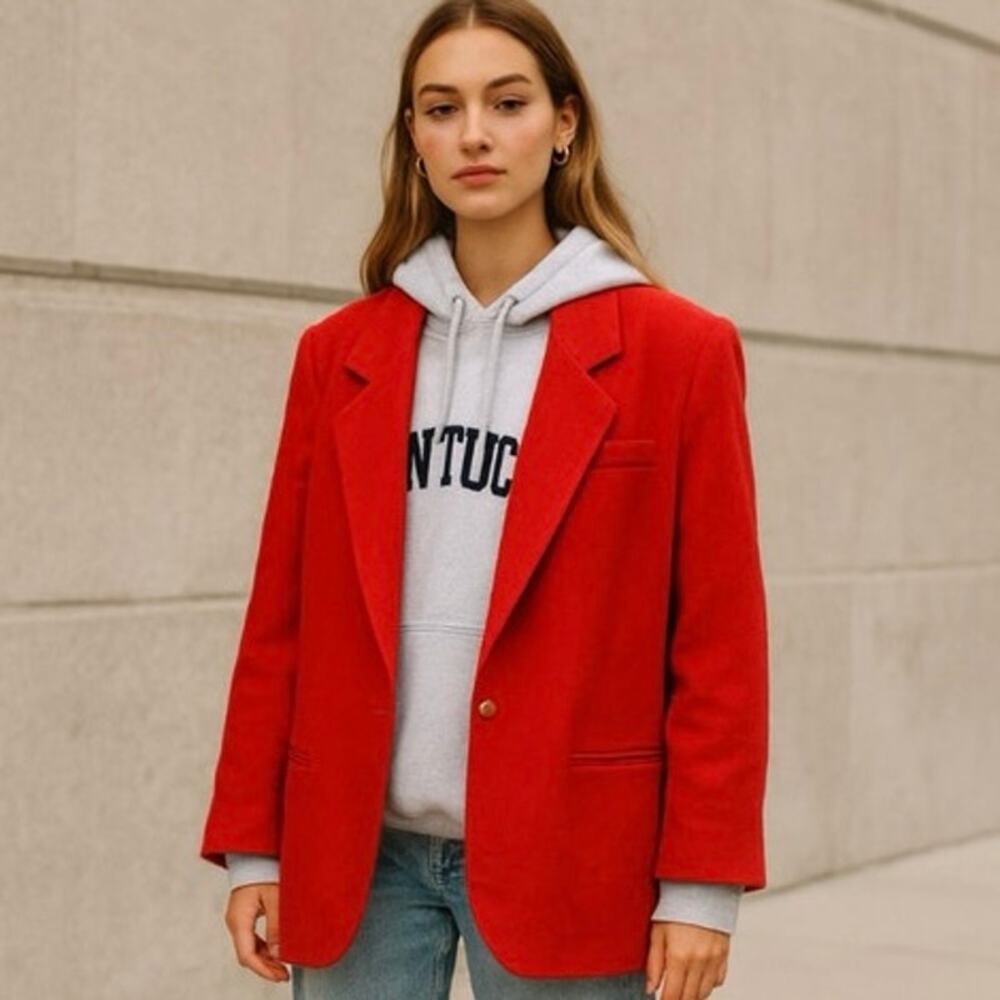 Vintage Red Wool Oversized Blazer Classic Preppy Clean Girl Off Duty Model - Picture 1 of 11